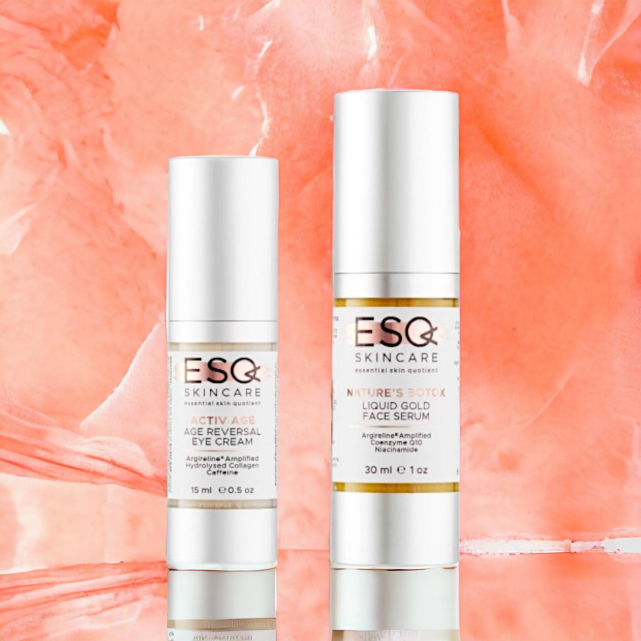 ESQ Skincare Revitalise Coenzyme Q10 and Caffeine Gift Set – includes Nature’s Botox Liquid Gold Face Serum and Activ~Age Age Reversal Eye Cream, designed to energize, hydrate, and reduce signs of aging with powerful Coenzyme Q10 and caffeine
